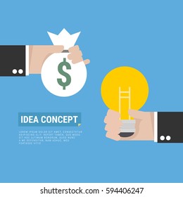 Money for idea concept. Hand giving idea light bulb and another hand giving green dollars. Concept of deal, selling and investment.