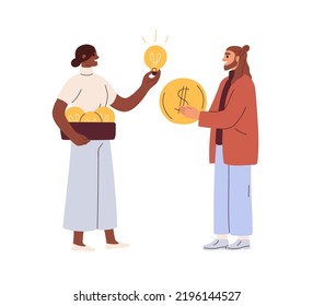 Money for idea exchange. Creative business concept. Investment in creativity, startup. Buying innovation, paying for solution, lightbulb. Flat vector illustration isolated on white background