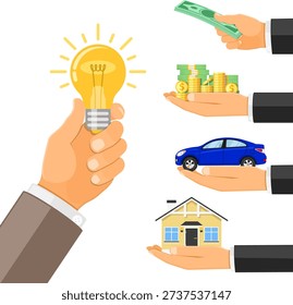 Money for idea hand with light bulb and other hand giving money, car, house. crowdfunding, innovation, idea, investments concept. flat style icons. isolated vector illustration