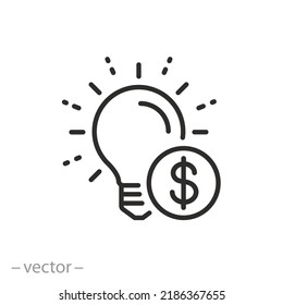 icono de idea de dinero, luz de negocios, dólar con bombilla, símbolo de línea delgada sobre fondo blanco - ilustración de trazo editable vectorial