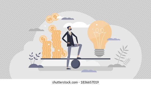 Money idea as new financial innovation price evaluation tiny person concept. Creative solution comparison from economical aspect vector illustration. Investment and startup valuation presentation.