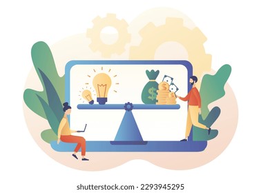 Money for ideas. Investment in creative project or startup company. Tiny people sell business idea online. Balance metaphore. Modern flat cartoon style. Vector illustration on white background