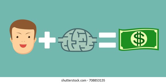Money and ideas make you happy and rich. Man plus brain equal money. Stock flat vector illustration.