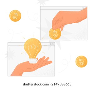 Money for ideas or sell idea concept. Entrepreneur hand passes gold coin and receives burning light bulb. Exchange of creative and innovative solutions for dollars. Cartoon flat vector illustration