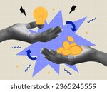  Money for ideas or sell idea or investing or crowd funding concept bright colored illustration with online changing money for idea. Vector illustration