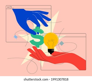 Money for ideas or sell idea or investing or crowd funding concept bright colored illustration with online changing money for idea. Vector illustration