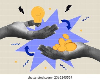  Money for ideas or sell idea or investing or crowd funding concept bright colored illustration with online changing money for idea. Vector illustration