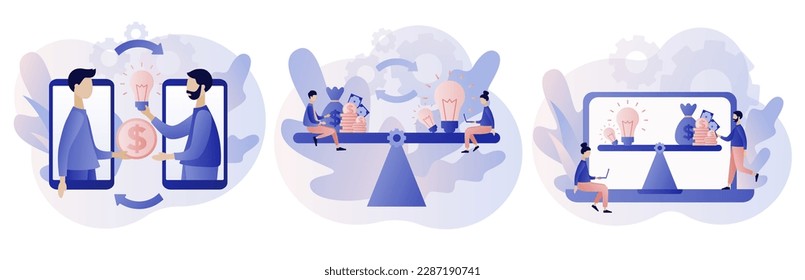Money for ideas. Tiny people sell business idea. Investment in creative project or startup company. Modern flat cartoon style. Vector illustration on white background