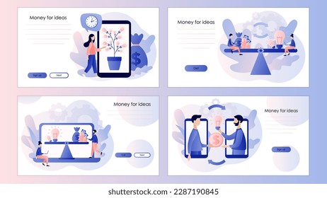 Money for ideas. Tiny people sell business idea. Investment in creative project or startup company. Screen template for landing page, template, ui, web, mobile app, poster, banner, flyer. Vector 