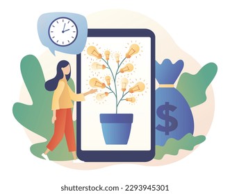 Money for ideas. Tree of ideas. Tiny people sell business idea. Investment in creative project or startup company. Modern flat cartoon style. Vector illustration on white background