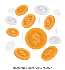 Money illustration concept with golden and silver coins, falling and floating coin. Flat vector illustration.