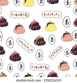 Money illustration. Elements on beige, brown and white colors. Seamless Various money dollar and bitcoin vector set.