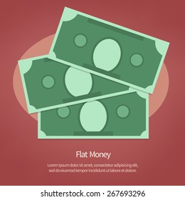 Money illustration. Vector paper Dollars on red background. Flat design style