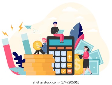 Money and income attraction. Business people working among calculator, cash and magnet. Flat vector illustration for finance, investment, loan, accounting, profit concepts