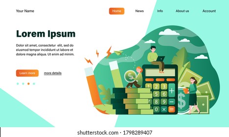 Money and income attraction. Business people working among calculator, cash and magnet. Flat vector illustration for finance, investment, loan, accounting, profit concepts