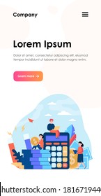 Money and income attraction. Business people working among calculator, cash and magnet. Flat vector illustration for finance, investment, loan, accounting, profit concepts