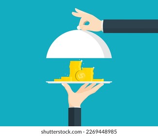 Money income concept, Business human hand hold cloche tray with gold coin on isolated background, Digital marketing illustration.