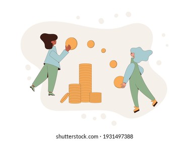 Money income concept. Two teenagers with big coins. Line art flat vector illustration. 