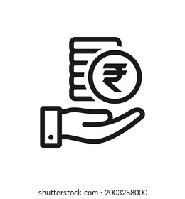 Money Income, Earning, Salary Icon Design. Stack Of Rupee Coins On Hand Isolated On White Background. Vector Illustration