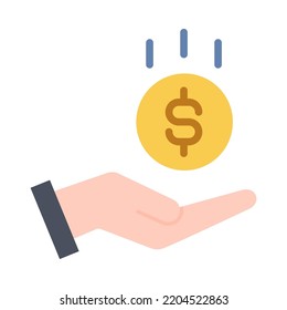 Money income flat icon. Hand holding dollar coin, Save money, Salary money, Invest finance. For business and payments presentation. Vector Illustration.