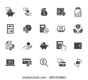 Money income flat icon set. Pension fund, profit growth, piggy bank, finance capital minimal black silhouette vector illustration. Simple glyph signs for investment application.