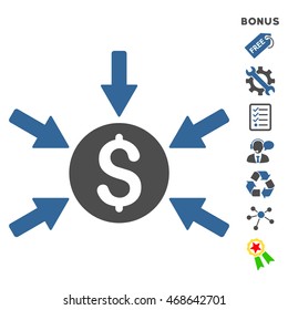 Money Income icon with bonus pictograms. Vector illustration style is flat iconic bicolor symbols, cobalt and gray colors, white background, rounded angles.