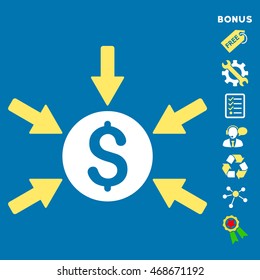 Money Income icon with bonus pictograms. Vector illustration style is flat iconic bicolor symbols, yellow and white colors, blue background, rounded angles.