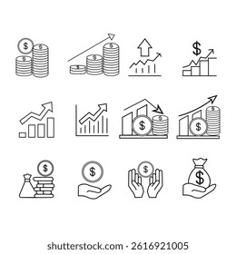 Money income icon set Vector illustration. Financial analysis data, economic graph, economic growth, payment, revenue, management, investment, chart, fund, statistic, earning. 