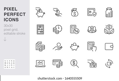 Money Income Line Icon Set. Pension Fund, Profit Growth, Piggy Bank, Finance Capital Minimal Vector Illustration. Simple Outline Signs For Investment Application. 30x30 Pixel Perfect Editable Strokes.
