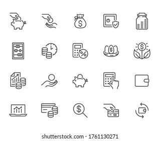 Money Income Line Icon Set. Pension Fund, Profit Growth, Piggy Bank, Finance Capital Minimal Vector Illustration. Simple Outline Signs For Investment Application. Pixel Perfect, Editable Strokes.