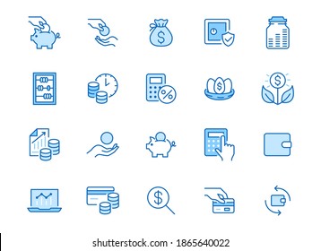 Money Income Line Icon Set. Pension Fund, Profit Growth, Piggy Bank, Finance Capital Minimal Vector Illustration. Simple Outline Signs For Investment Application. Blue Color, Editable Stroke.