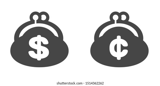 Money, Income, Shopping concept - Black and white monotone Coin Purse on white background.  United States Dollar $ /and  Cent ¢.