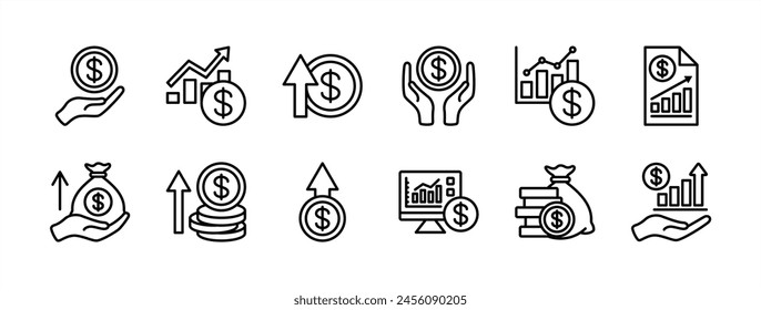 Juego de iconos de línea delgada de ingresos monetarios. Conteniendo ganancias, datos de análisis financiero, gráfico financiero, crecimiento, inversión, gráfico, fondo, pago, ingresos, estadística, ganancias, gestión. Ilustración vectorial