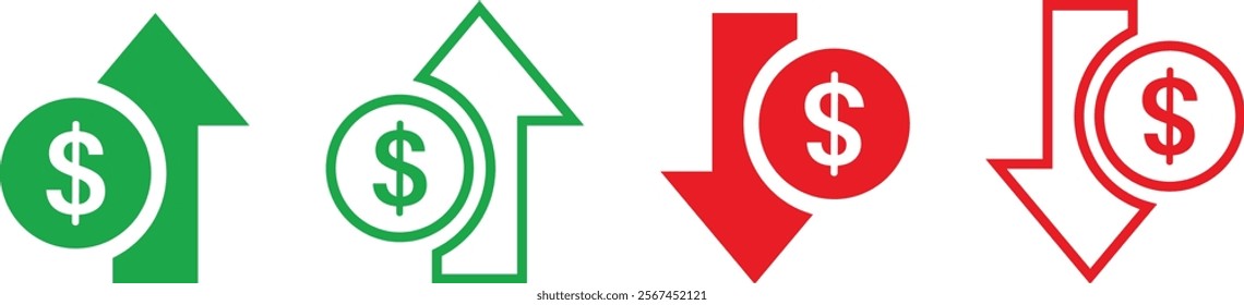 Money increase or decrease icon set. dollar decrease increase symbol. profit and lose signs. 