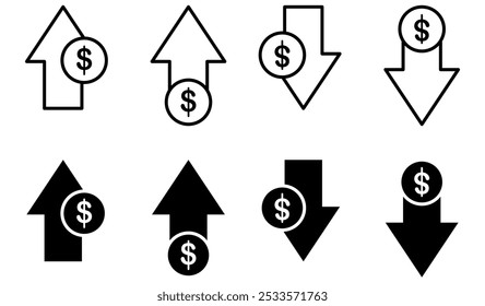 Icono de aumento de dinero con símbolo de flecha, icono de disminución de dólares. Iconos de vector de ganancias y pérdidas de dinero - Icono de aumento de costos.