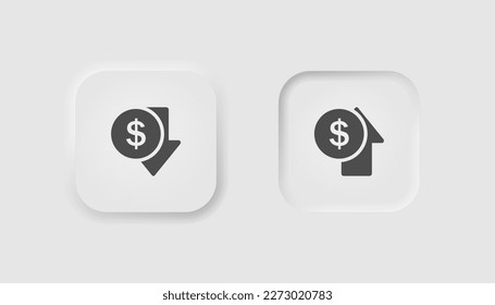 Money increase icon in neumorphism style. Icons for business, white UI, UX. Profit symbol. Economy, losing money, crisis, investment, growing prices. Neumorphic style.