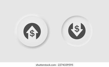 Money increase icon in neumorphism style. Icons for business, white UI, UX. Cost rising symbol. Dollar up, decrease, low price. Neumorphic style. 