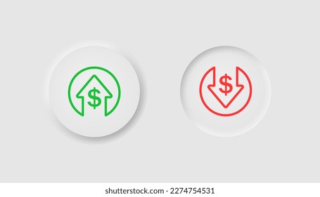 Icono de aumento de dinero en estilo neumorfista. Iconos para negocios, interfaz de usuario blanca, UX. Símbolo de aumento de costos. Dólar arriba, acciones, crisis, disminución de efectivo. Estilo neumórfico. 