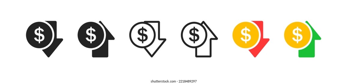 Juego de iconos de aumento de dinero. Diseño plano. Concepto de beneficios financieros. Perdiendo dinero. Símbolo de aumento de costos. Ilustración vectorial. 