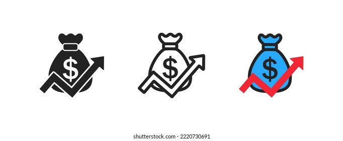 Money increase, profit icon. Business success concept. Arrow, coin, growth signs. Banking, growing sales, economic inflation, dollar, financial earnings symbols. Flat design. Vector illustration. 