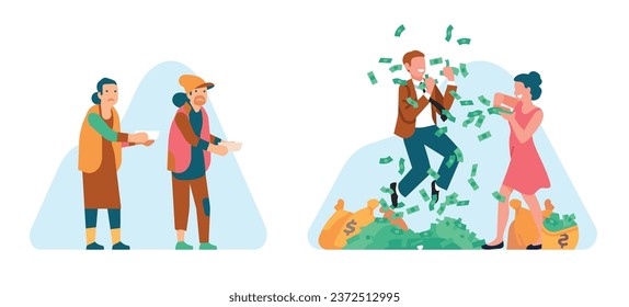 Desigualdad del dinero entre mendigos pobres tristes y millonarios exitosos felices. Las personas ricas con billetes en efectivo se amontonan. Hombre y mujer sin hogar pidiendo limosnas. Negocio