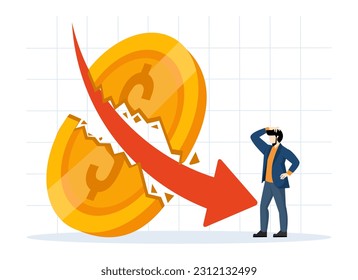 Geldinflation. Die Unternehmensgewinne sind zu niedrig. Finanz- und Wirtschaftskrise. Gewinn und Verlust der Inflation. Große Dollar-Münzen zerbrachen und fielen an Wert. flache Vektorgrafik auf weißem Hintergrund