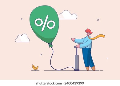 Money inflation concept. Investment bubble causing financial crisis, overvalued stock market, businessman investor pumping air into big floating balloon with US Dollar money sign ready to burst.