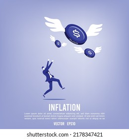 money inflation financial crisis situation, business man run and catch flying money.
economic damage concept in flat illustration style vector.