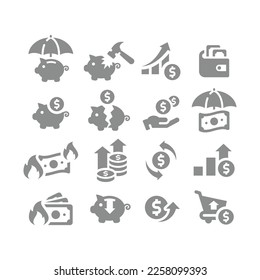 Money, inflation and financial crisis vector icon set. Broken piggy bank, rising up value, dollar bill icons.