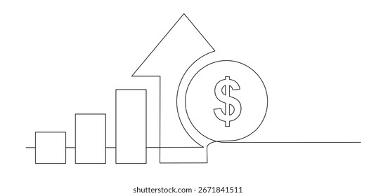 Money Inflation with increase icon continuous one line drawing, Continuous Line Drawing of Inflation Icon, Continuous one line drawing of graph vector illustration. Flat icon of business growth