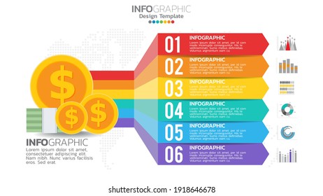 Money infographic with 6 steps element chart diagram, business graph design.