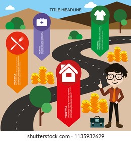 Money infographics design, real estate agent, Seek benefits, Developing area