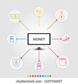 Money Infographics vector design. Timeline concept include money, coins, coins bag icons. Can be used for report, presentation, diagram, web design.