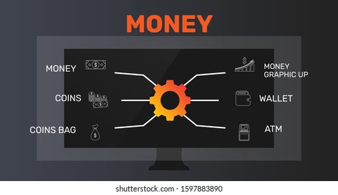 Money Infographics vector design. Timeline concept include money, coins, coins bag icons. Can be used for report, presentation, diagram, web design.